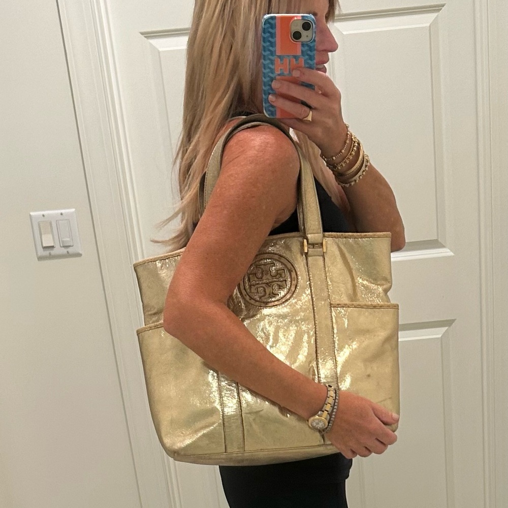 Tory Burch Gold Metallic Leather Tote Bag